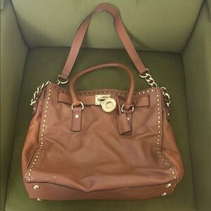 Brown Leather Shoulder Bag with Gold Accents